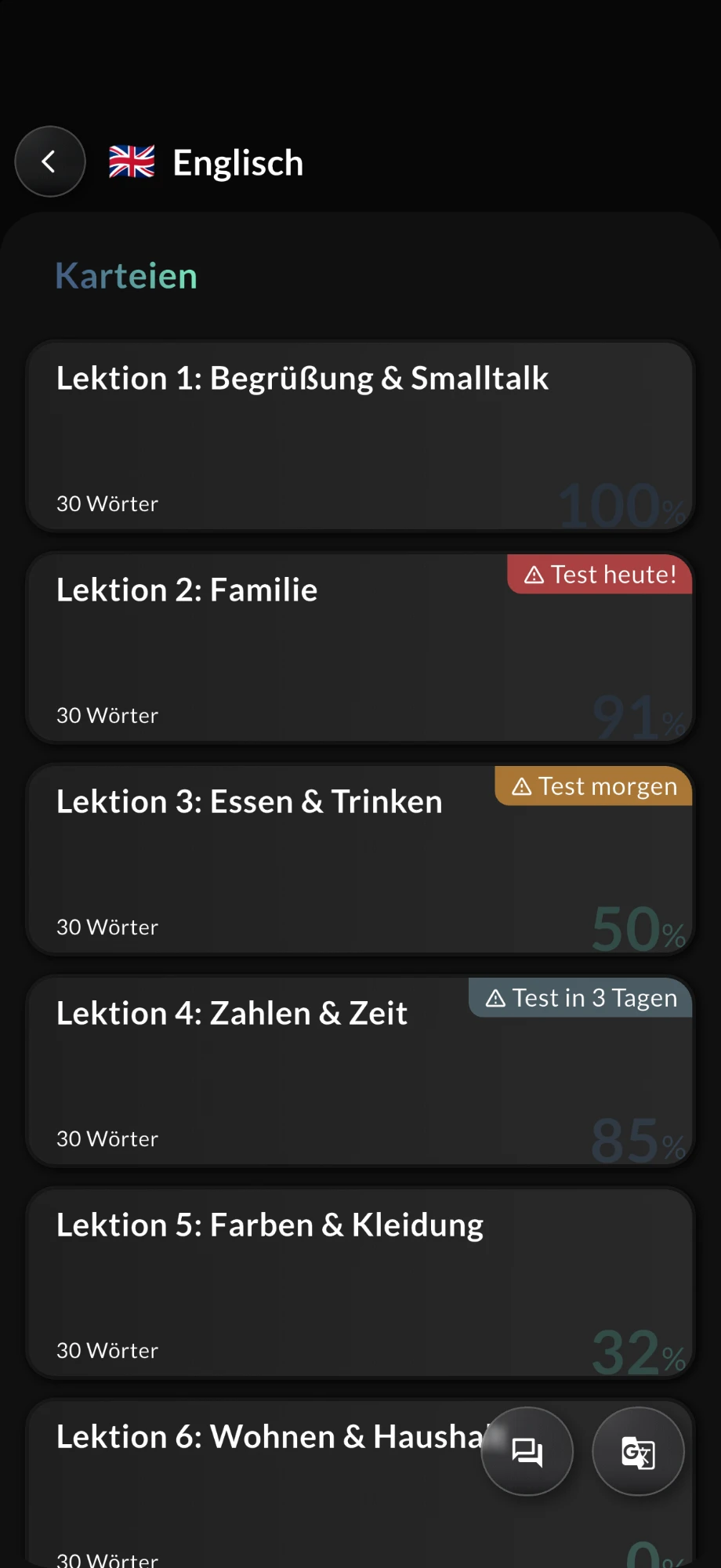 Vokabo uygulaması: ilerleme ve “bugün test” gibi hatırlatmalarla dizinler